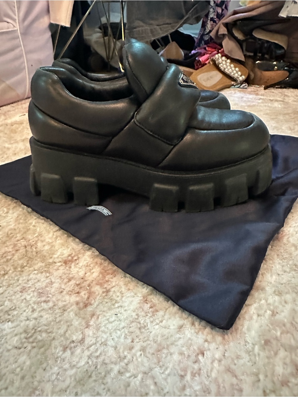 Prada Black Men's Leather Padded Slip-On Loafers with Triangle Logo - Picture 3 of 8
